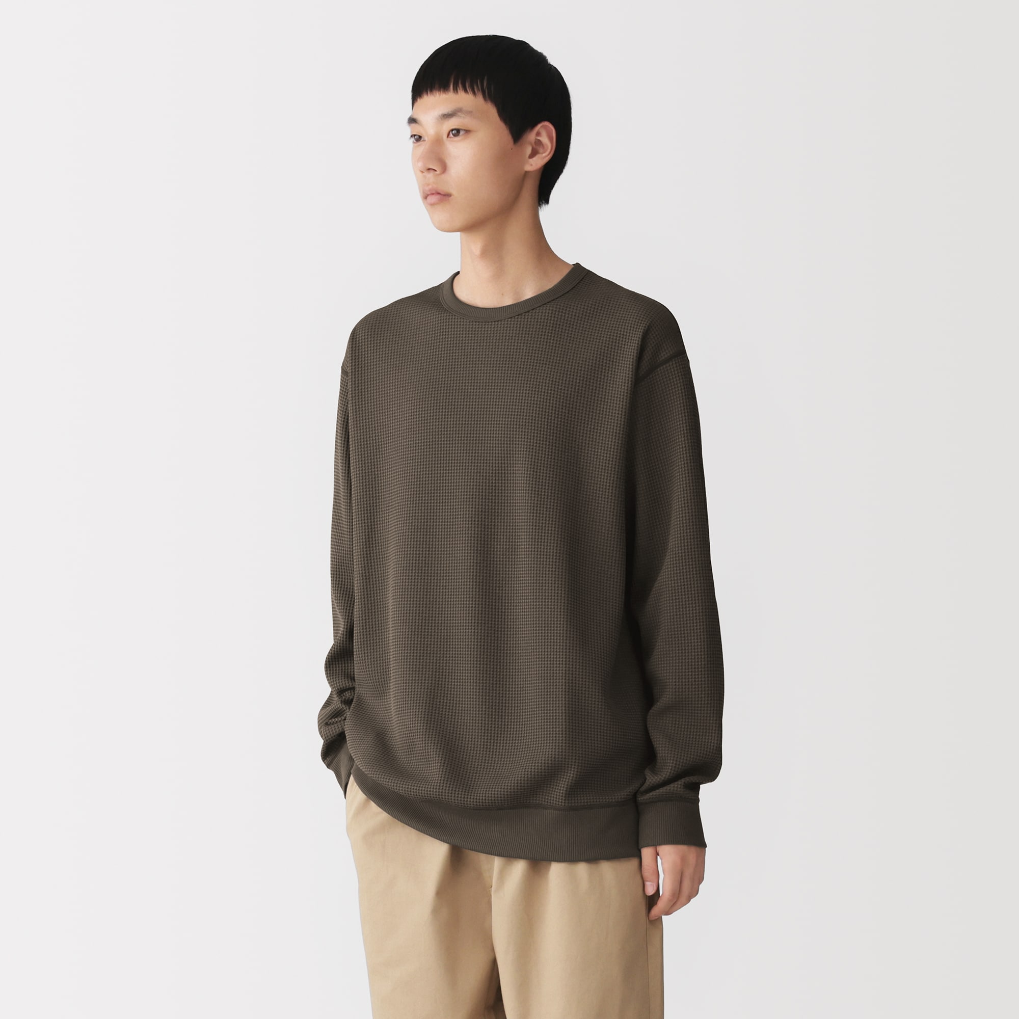 紳士　素材に還るワッフル編みクルーネック長袖Ｔシャツ