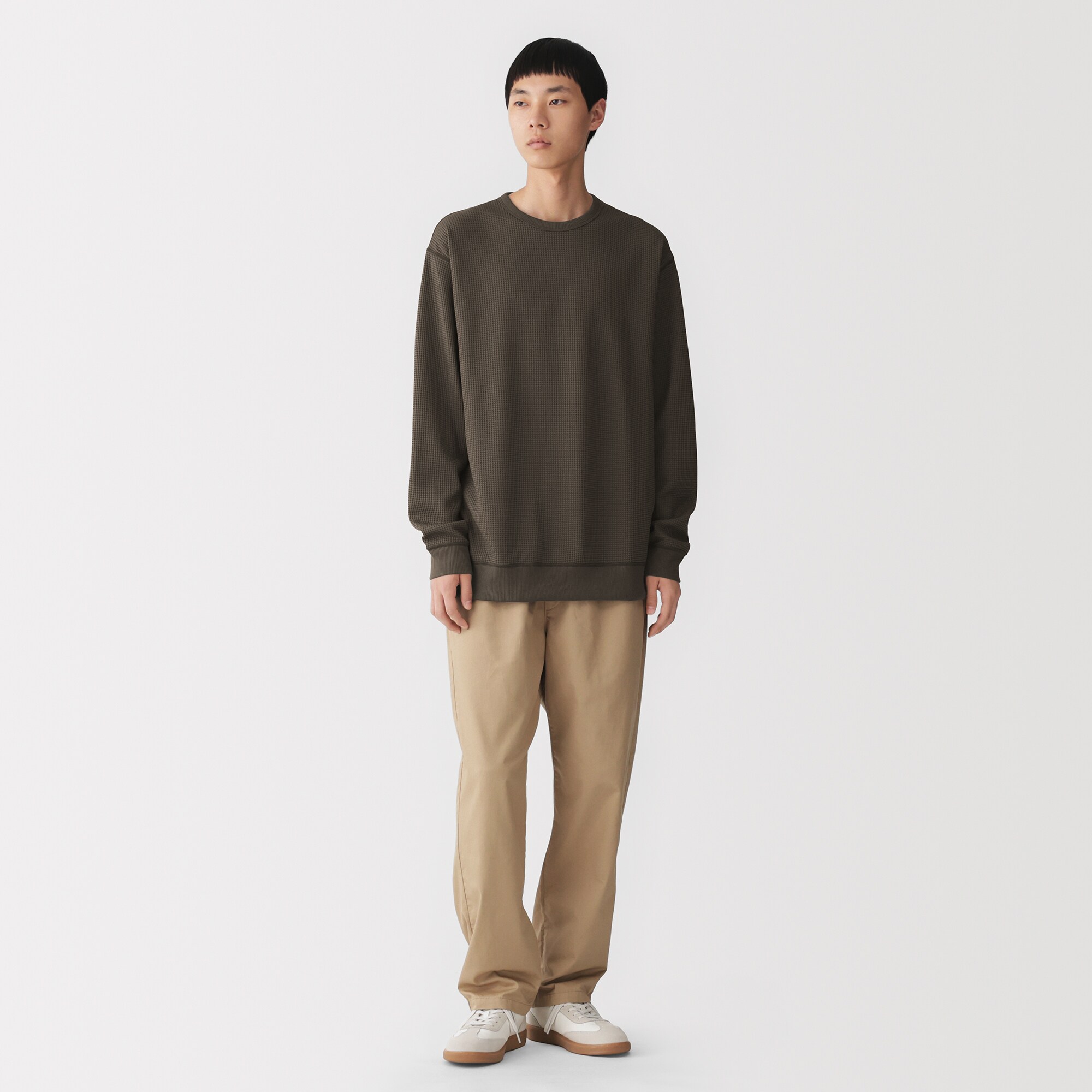 紳士　素材に還るワッフル編みクルーネック長袖Ｔシャツ