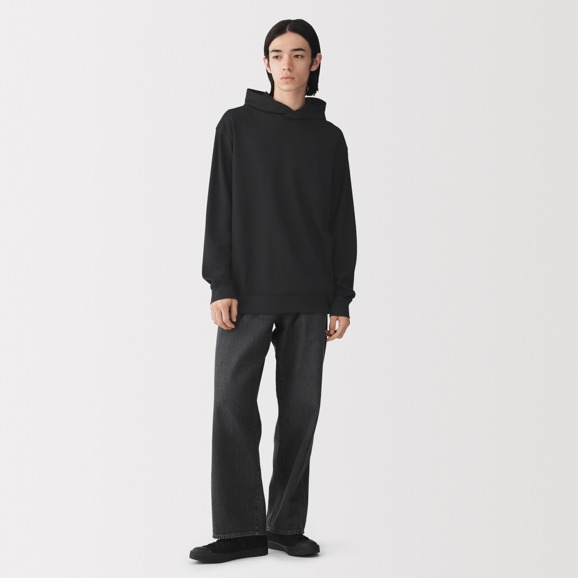 紳士　素材に還るワッフル編みプルオーバーパーカ