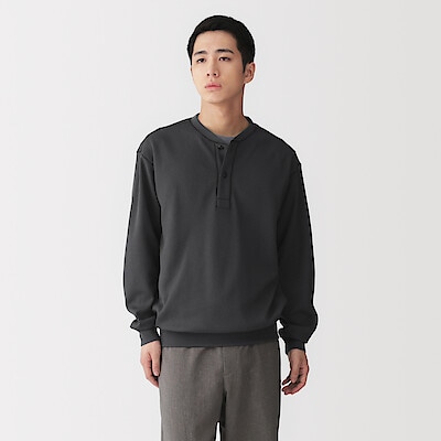 紳士　素材に還るワッフル編みヘンリーネック長袖Ｔシャツ