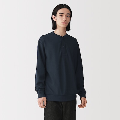 紳士　素材に還るワッフル編みヘンリーネック長袖Ｔシャツ