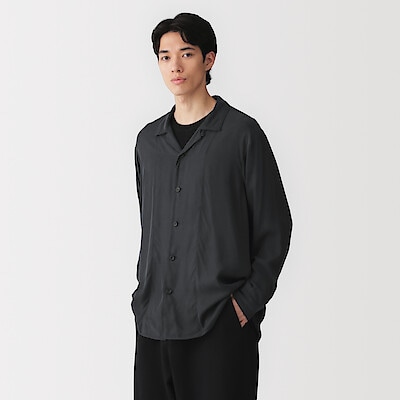 紳士　キュプラ混オープンカラー長袖シャツ