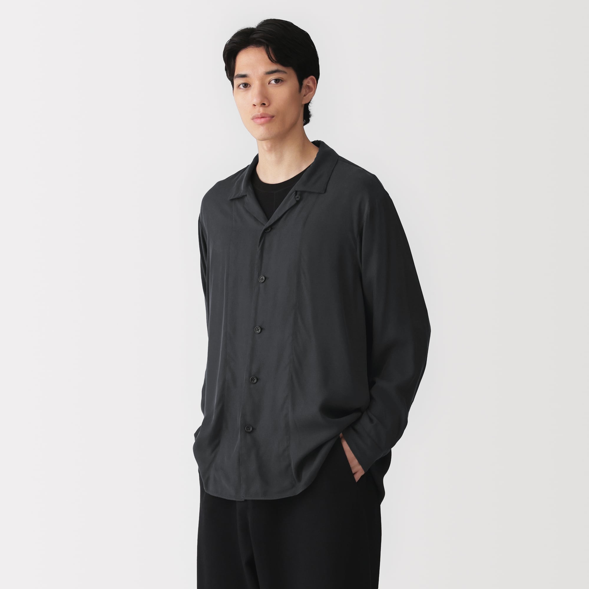 紳士　キュプラ混オープンカラー長袖シャツ