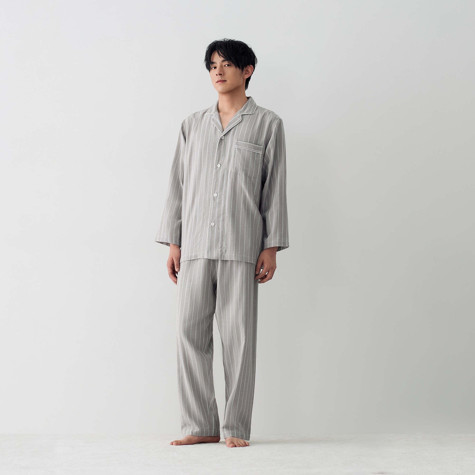 紳士　脇に縫い目のない　二重ガーゼ長袖パジャマ