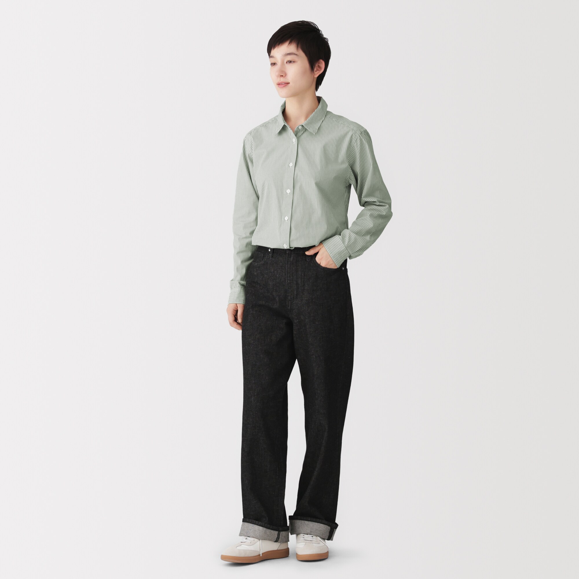 婦人　洗いざらし　ブロードレギュラーカラー長袖シャツ