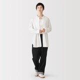 婦人　洗いざらし　ブロードスタンドカラー長袖ロングシャツ