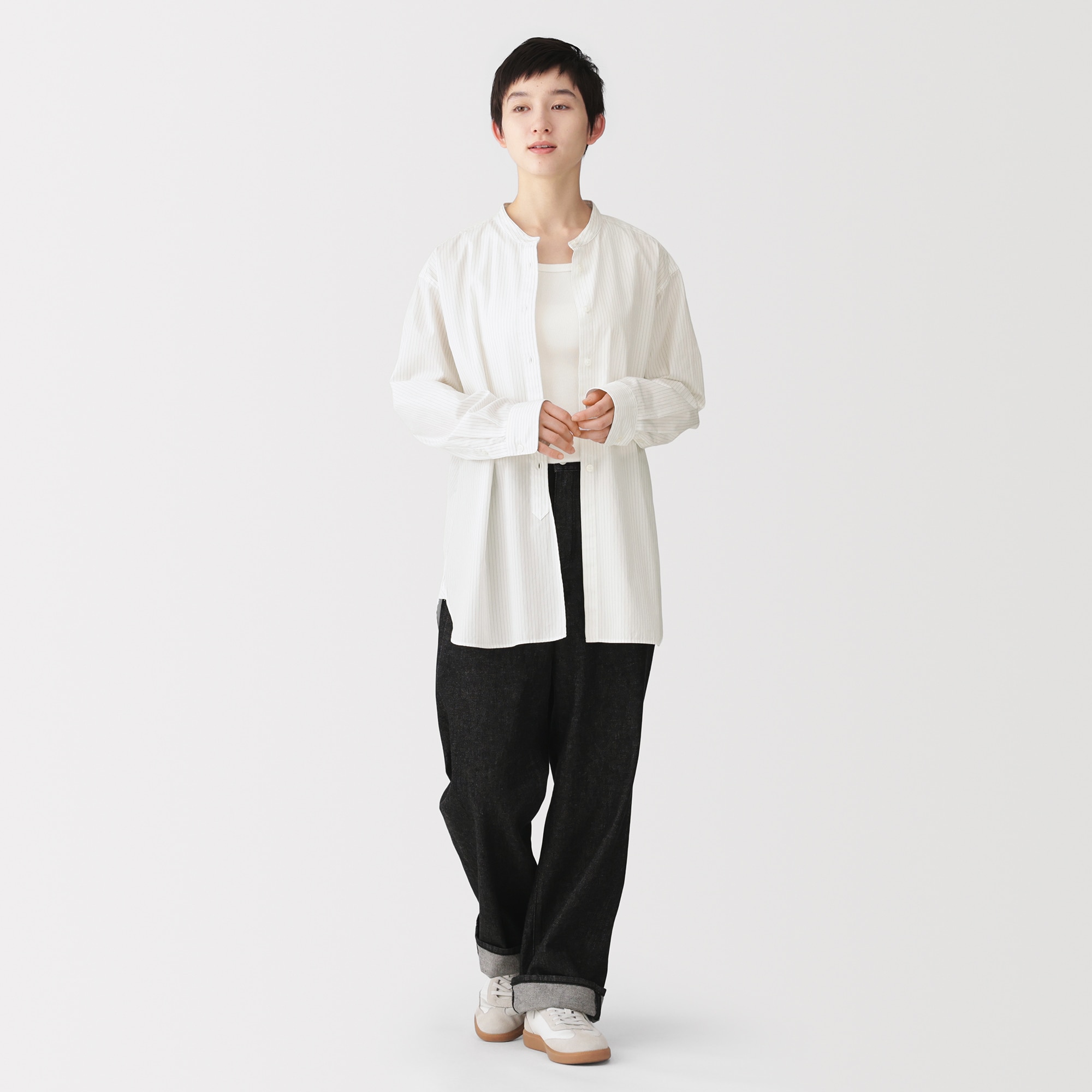 婦人 洗いざらし ブロードスタンドカラー長袖ロングシャツ | 無印良品