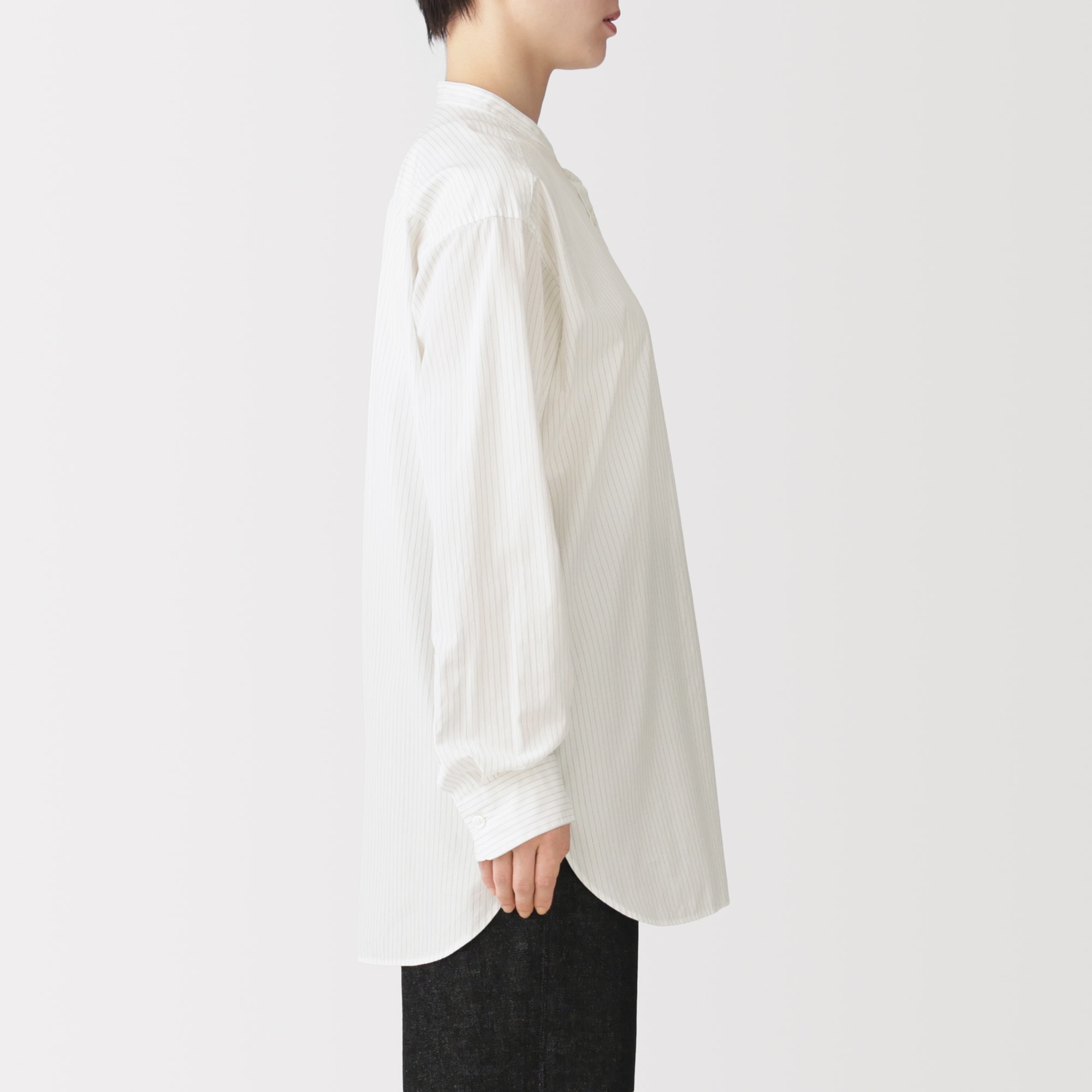 婦人　洗いざらし　ブロードスタンドカラー長袖ロングシャツ