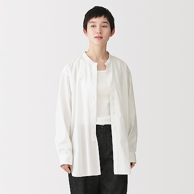 【８月上旬発売予定】婦人　洗いざらし　ブロードスタンドカラー長袖ロングシャツ