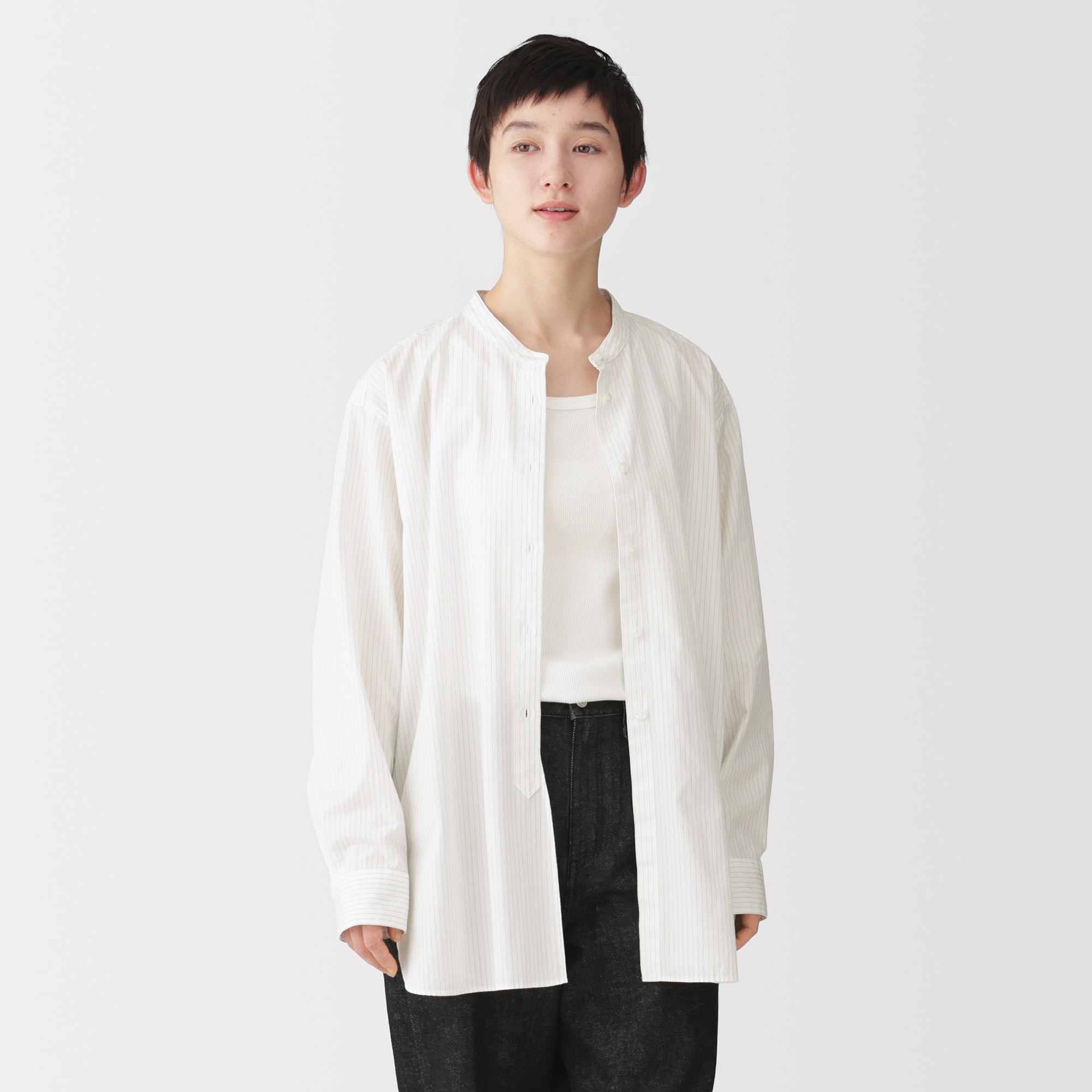 婦人 洗いざらし ブロードスタンドカラー長袖ロングシャツ | 無印良品