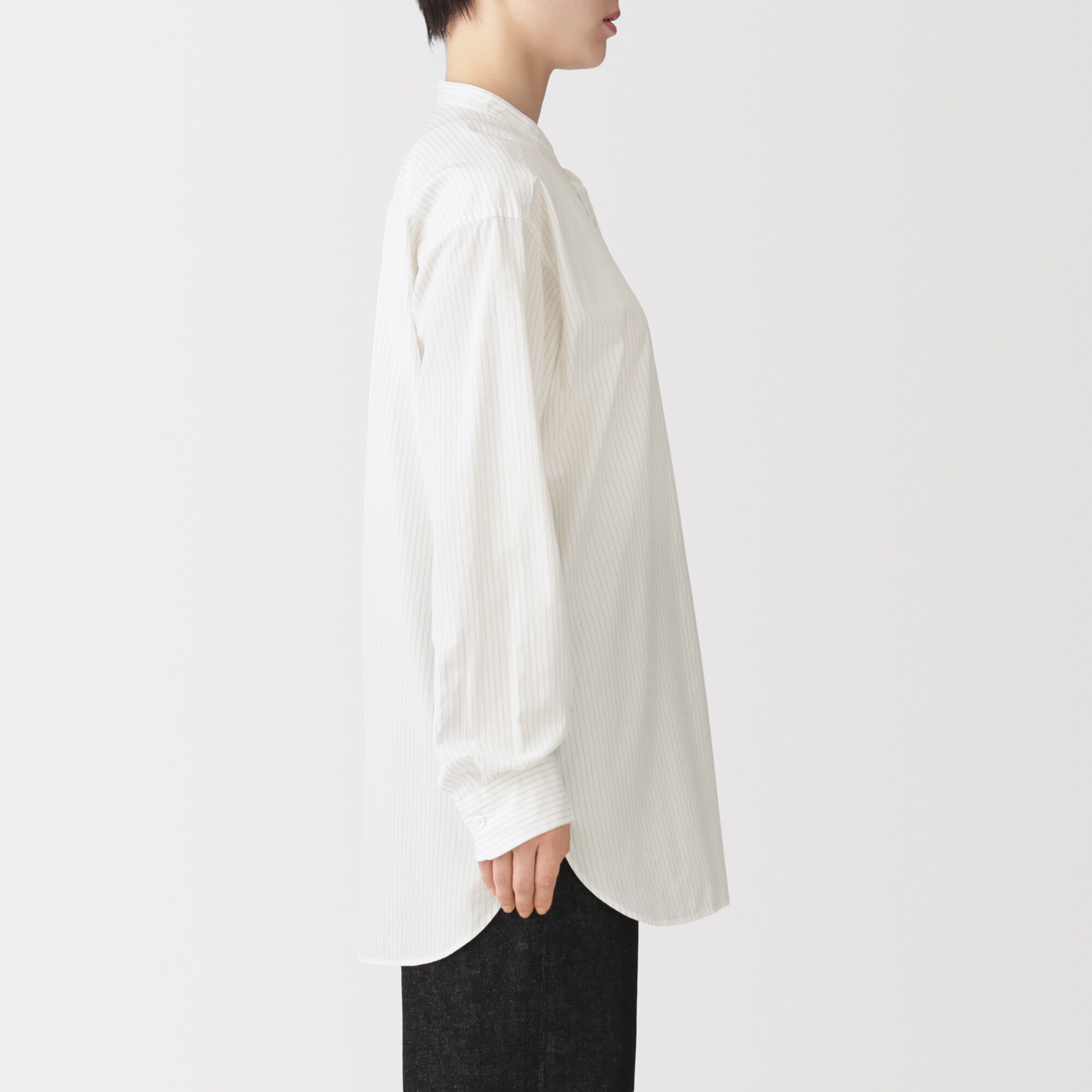 婦人　洗いざらし　ブロードスタンドカラー長袖ロングシャツ