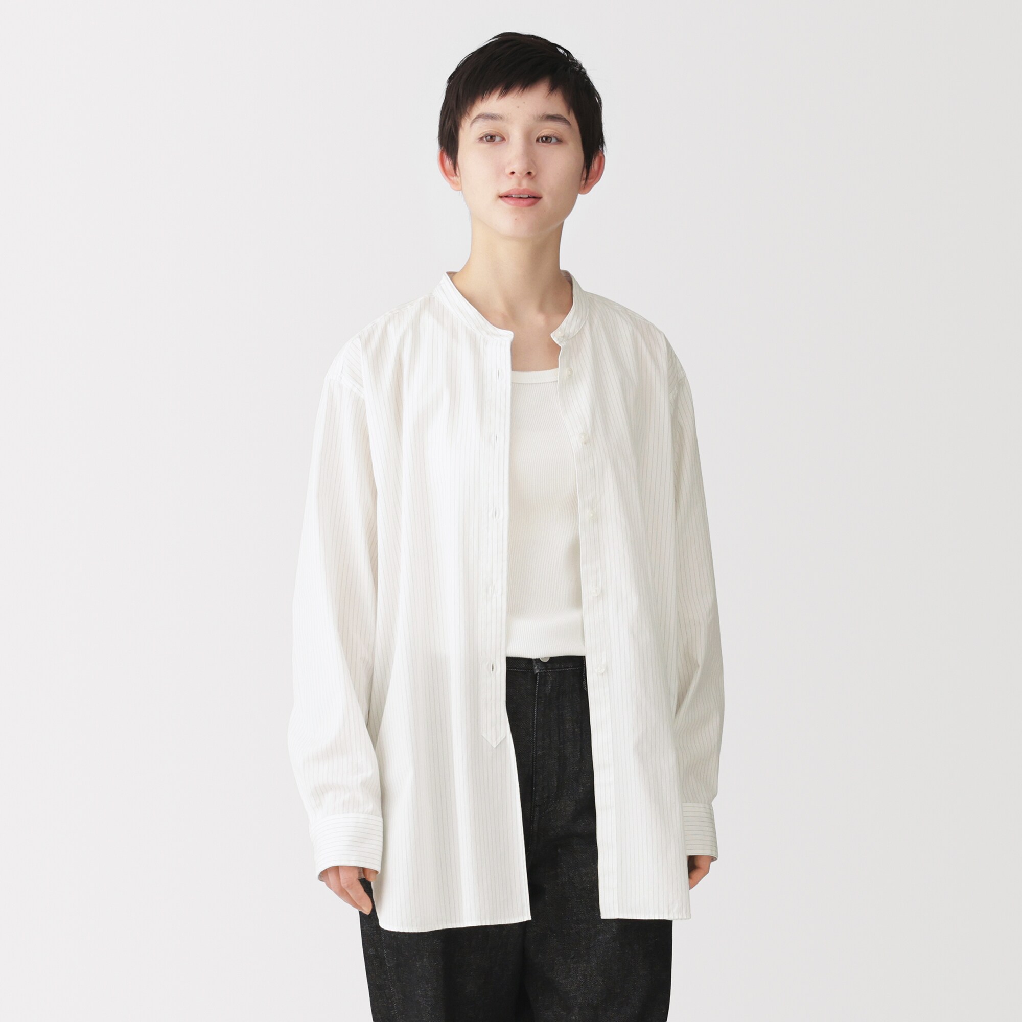 婦人　洗いざらし　ブロードスタンドカラー長袖ロングシャツ