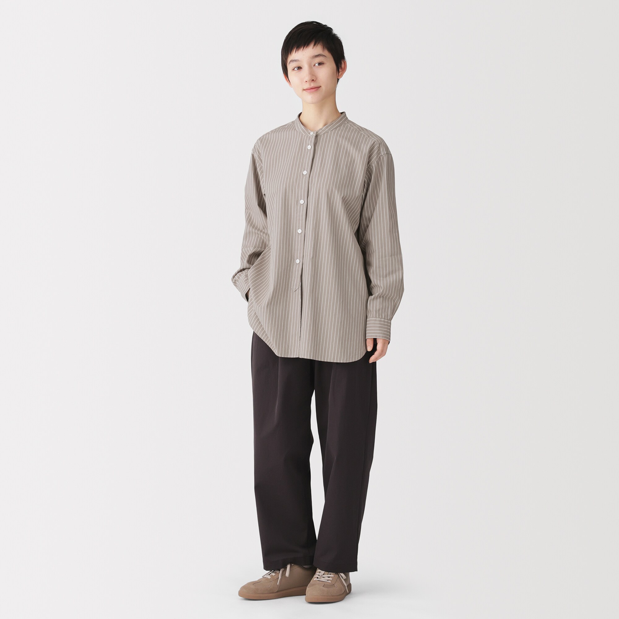 婦人　洗いざらし　ブロードスタンドカラー長袖ロングシャツ