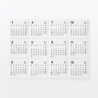 【８月中旬発売予定】はがせる　カレンダーシール　２０２７年１月～１２月　月曜始まり／１片４０×４０ｍｍ