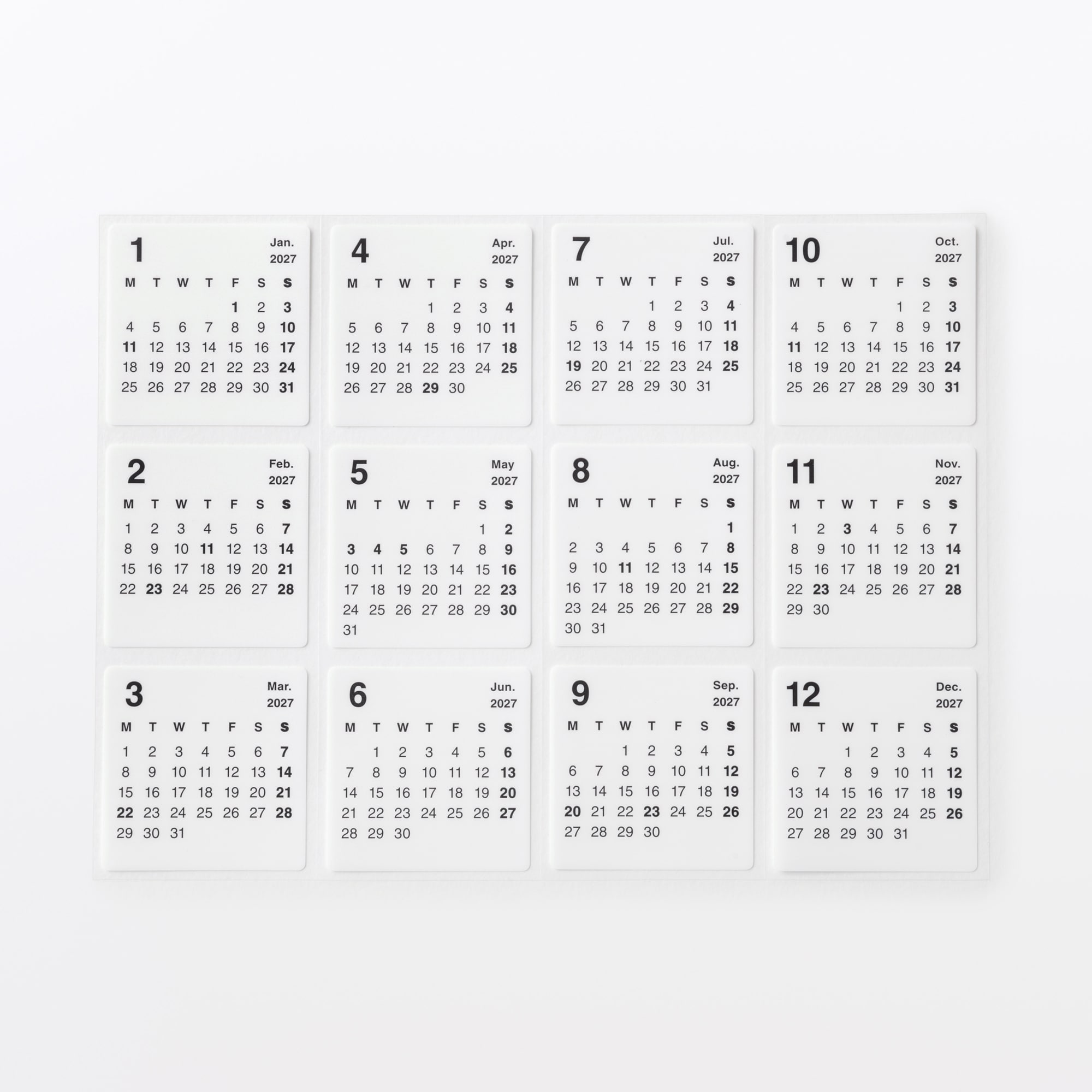 はがせる　カレンダーシール　２０２７年１月～１２月