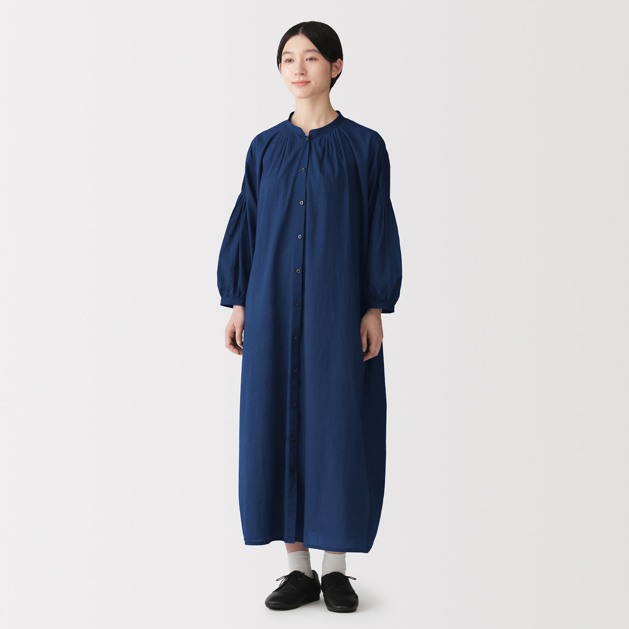 婦人 綿ピンタック インディゴ染め七分袖ワンピース | 無印良品