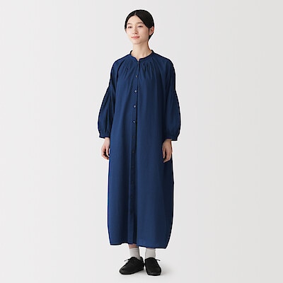 婦人　綿ピンタック　インディゴ染め七分袖ワンピース