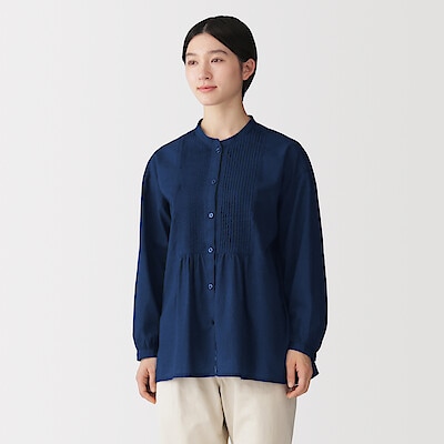 【７月中旬発売予定】婦人　綿ピンタック　インディゴ染め長袖ブラウス