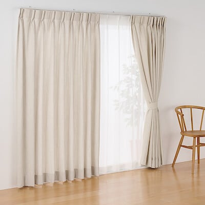 リネンライク二重織（防炎）２倍ヒダプリーツカーテン　サンドベージュ