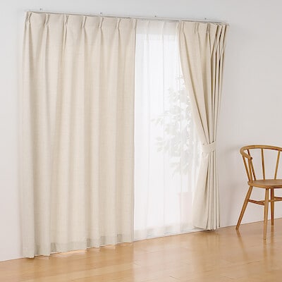 杢麻調平織プリーツカーテン　ライトベージュ