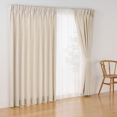 杢麻調平織２倍ヒダプリーツカーテン　ライトベージュ