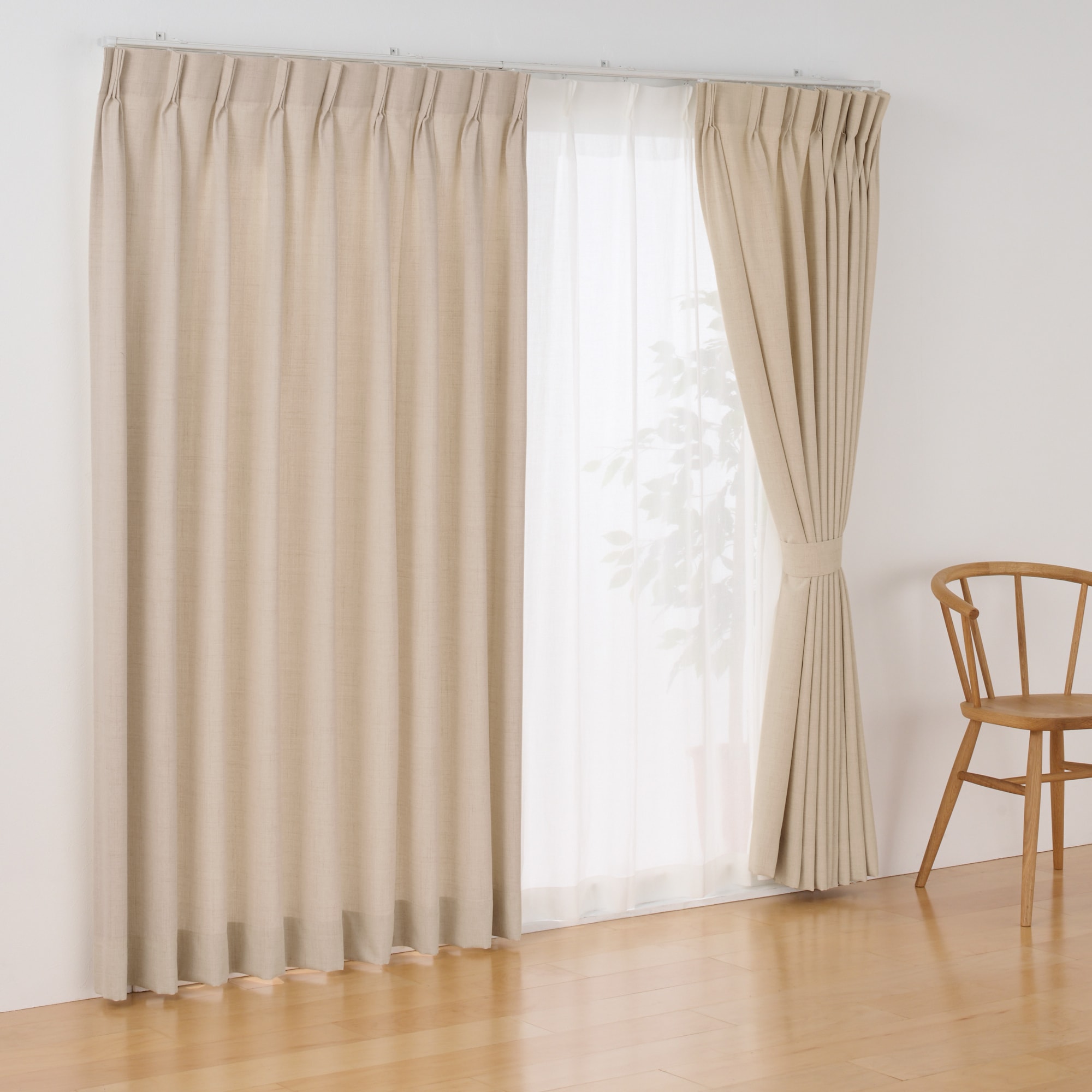 杢麻調平織２倍ヒダプリーツカーテン