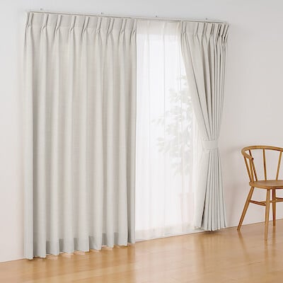 杢麻調平織２倍ヒダプリーツカーテン　ライトグレー
