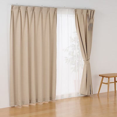 コットンライク平織プリーツカーテン　ベージュ