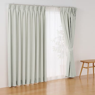コットンライク平織２倍ヒダプリーツカーテン　ペールグリーン