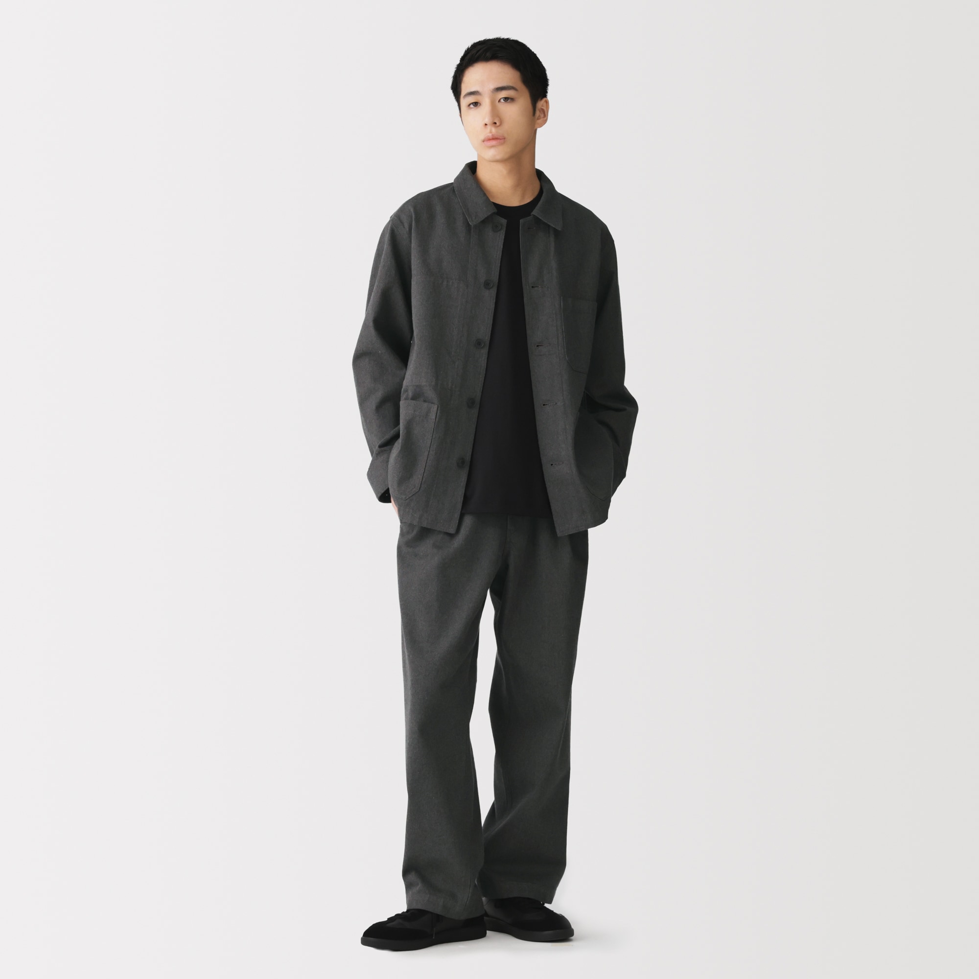 無印　カポック混　カバーオール　ジャケット L パンツ　L 黒　セットアップ 紳士 木の実から作ったカポック混ヘザーツイルカバーオール | 無印良品