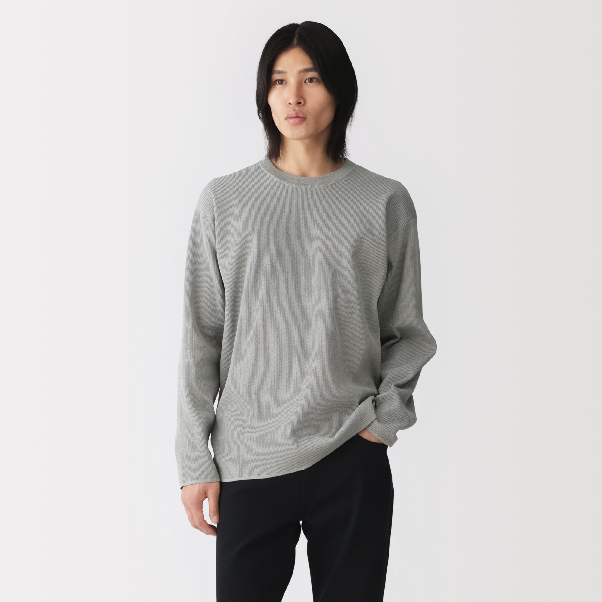 紳士　素材に還るリブ編み長袖ニットＴシャツ