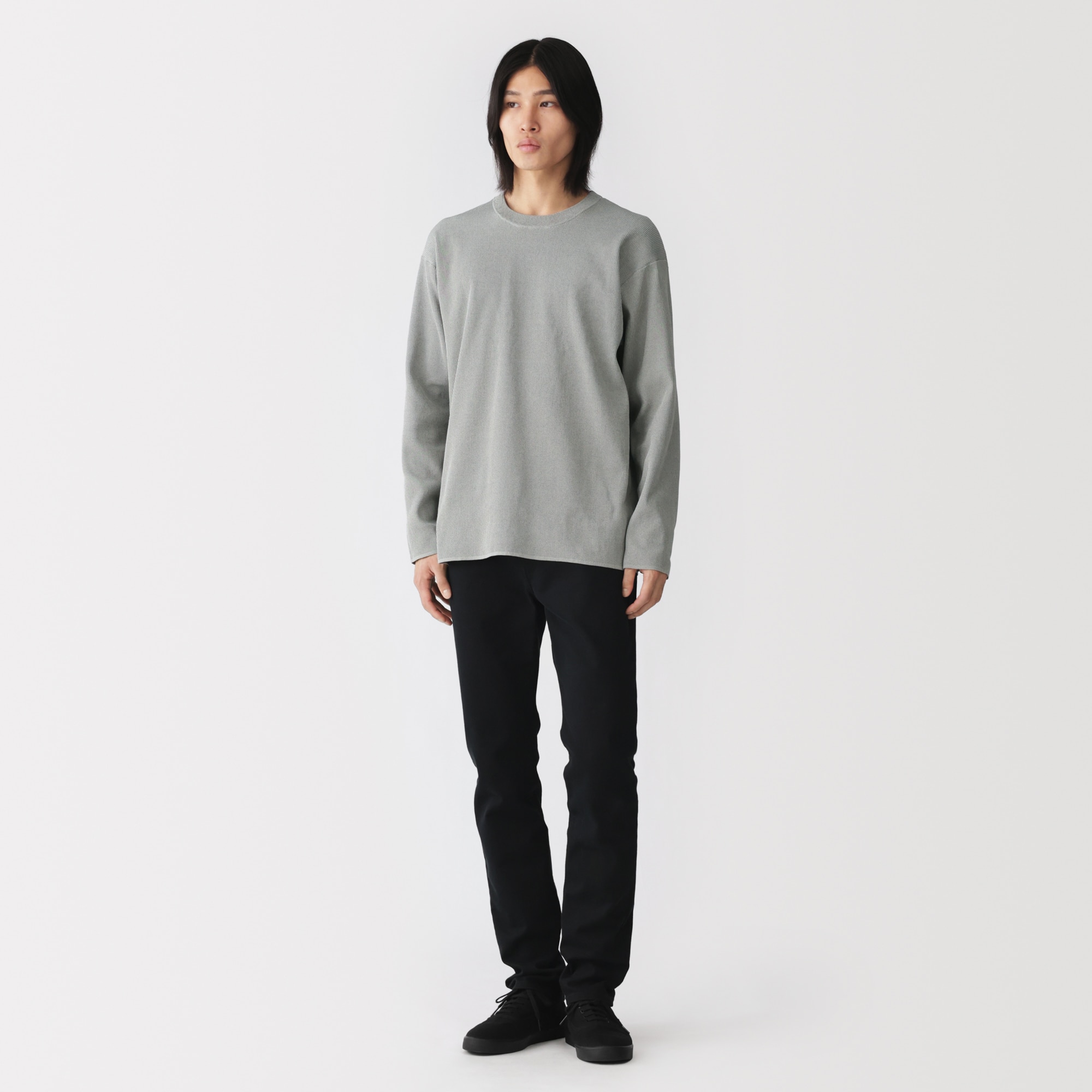 紳士　素材に還るリブ編み長袖ニットＴシャツ