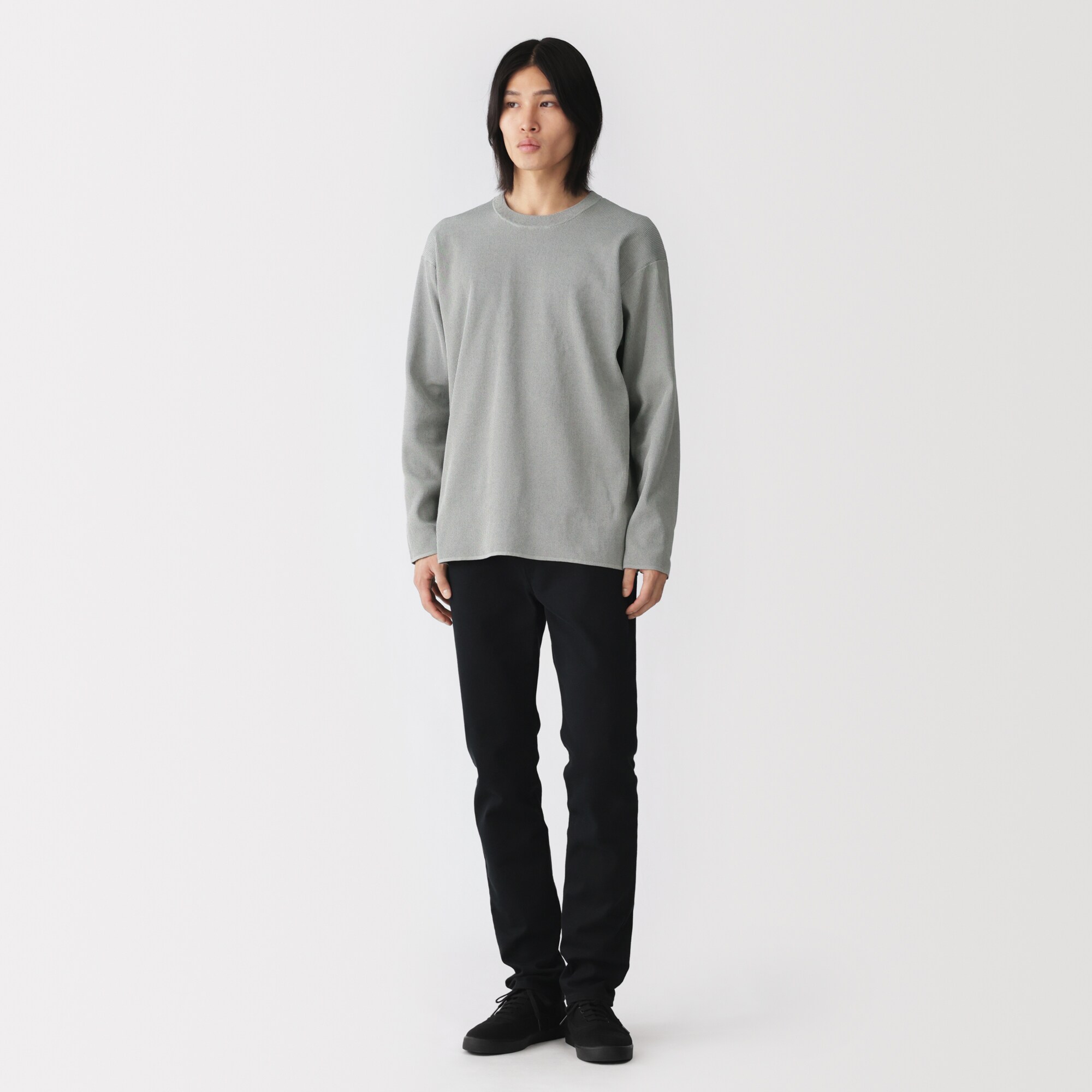 紳士　素材に還るリブ編み長袖ニットＴシャツ