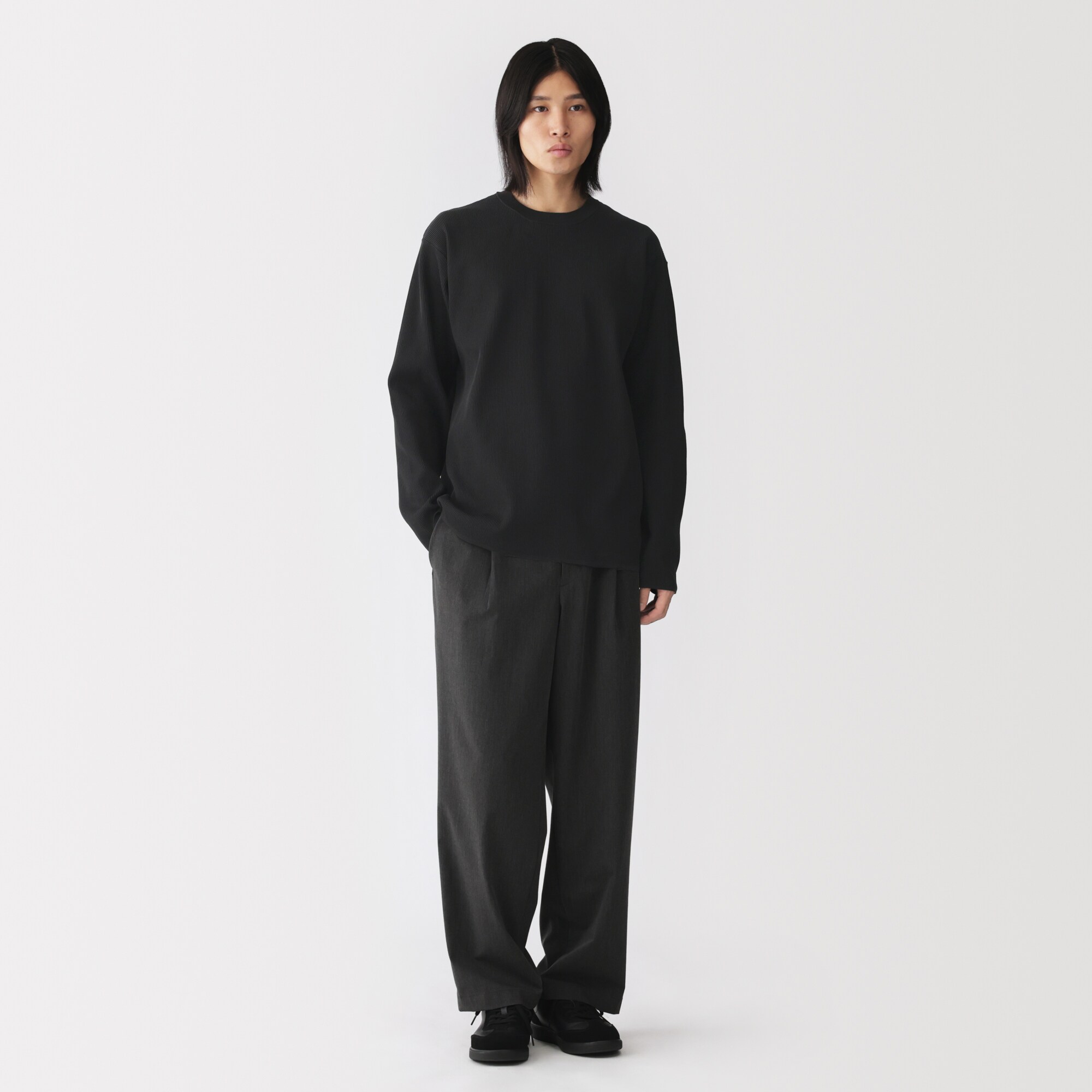 紳士　素材に還るリブ編み長袖ニットＴシャツ