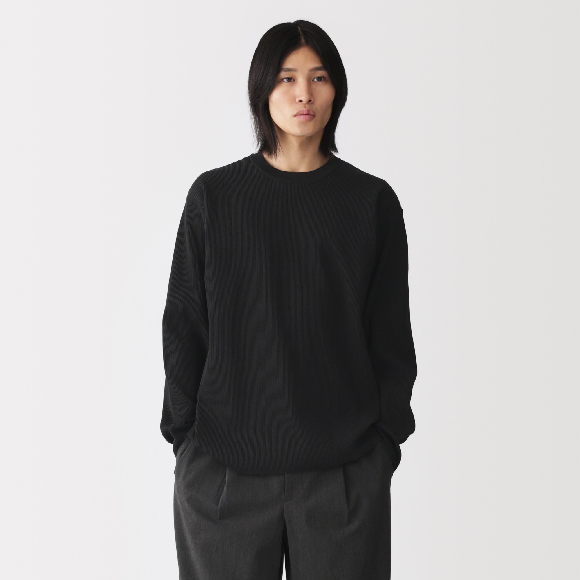 紳士　素材に還るリブ編み長袖ニットＴシャツ