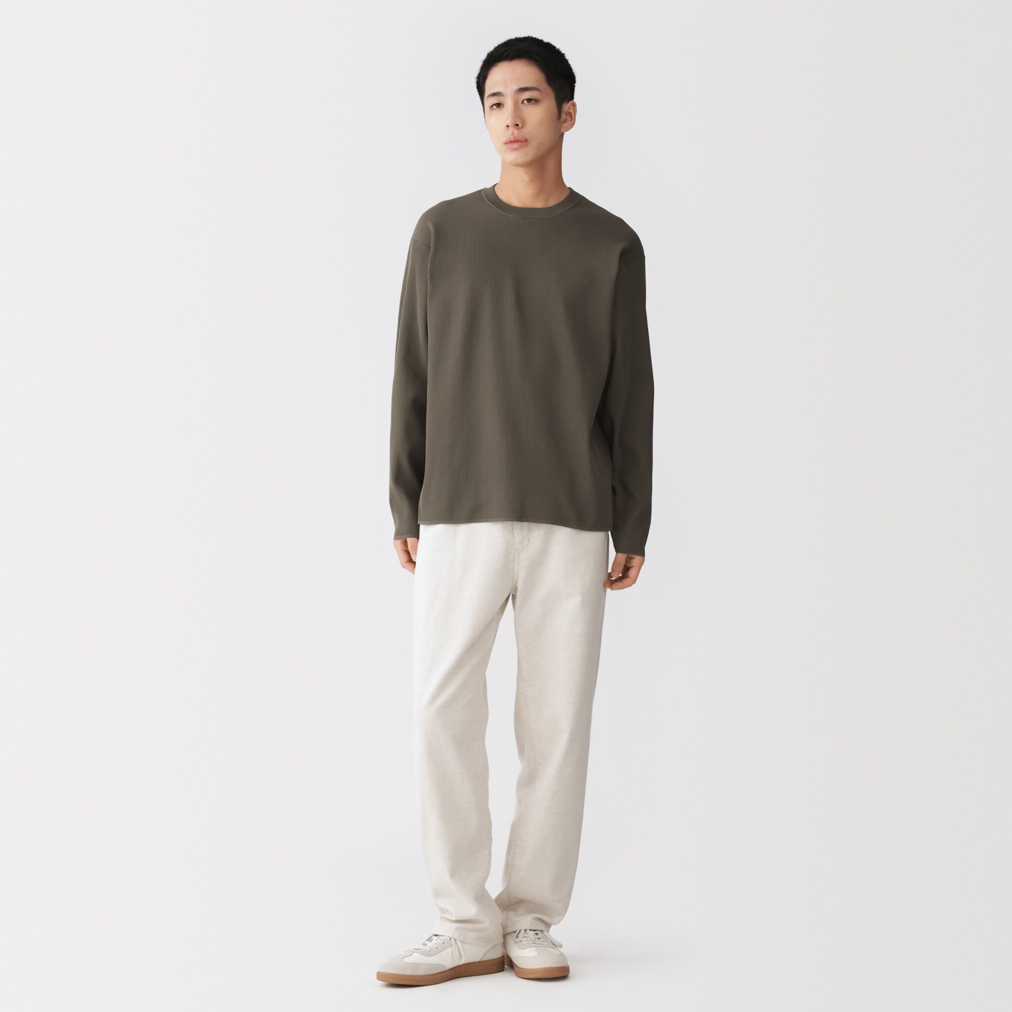 紳士　素材に還るリブ編み長袖ニットＴシャツ