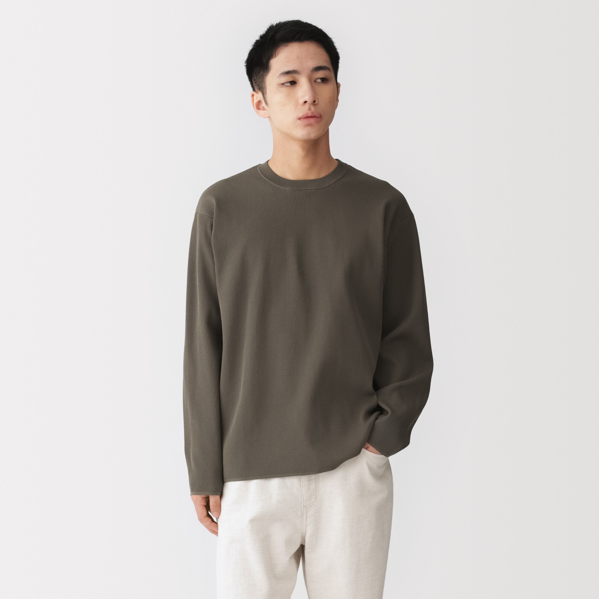 紳士　素材に還るリブ編み長袖ニットＴシャツ