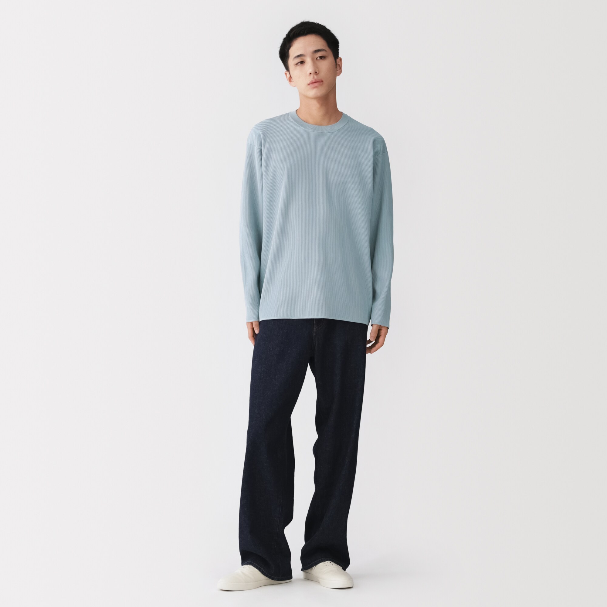 紳士　素材に還るリブ編み長袖ニットＴシャツ