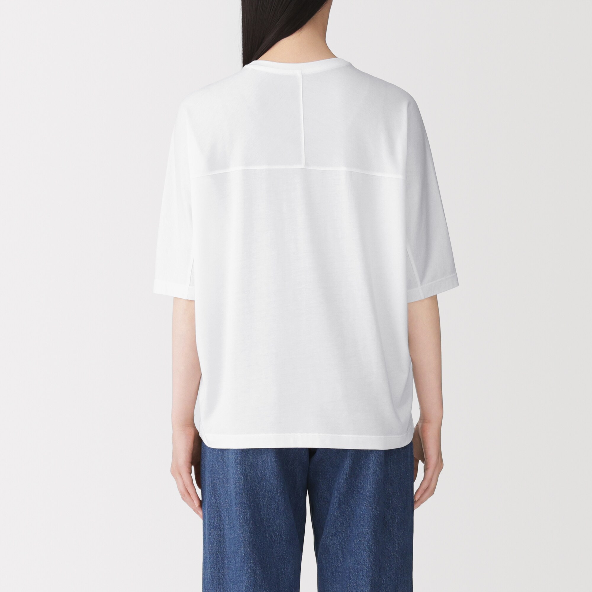 婦人　なめらか天竺編みクルーネック五分袖プルオーバー
