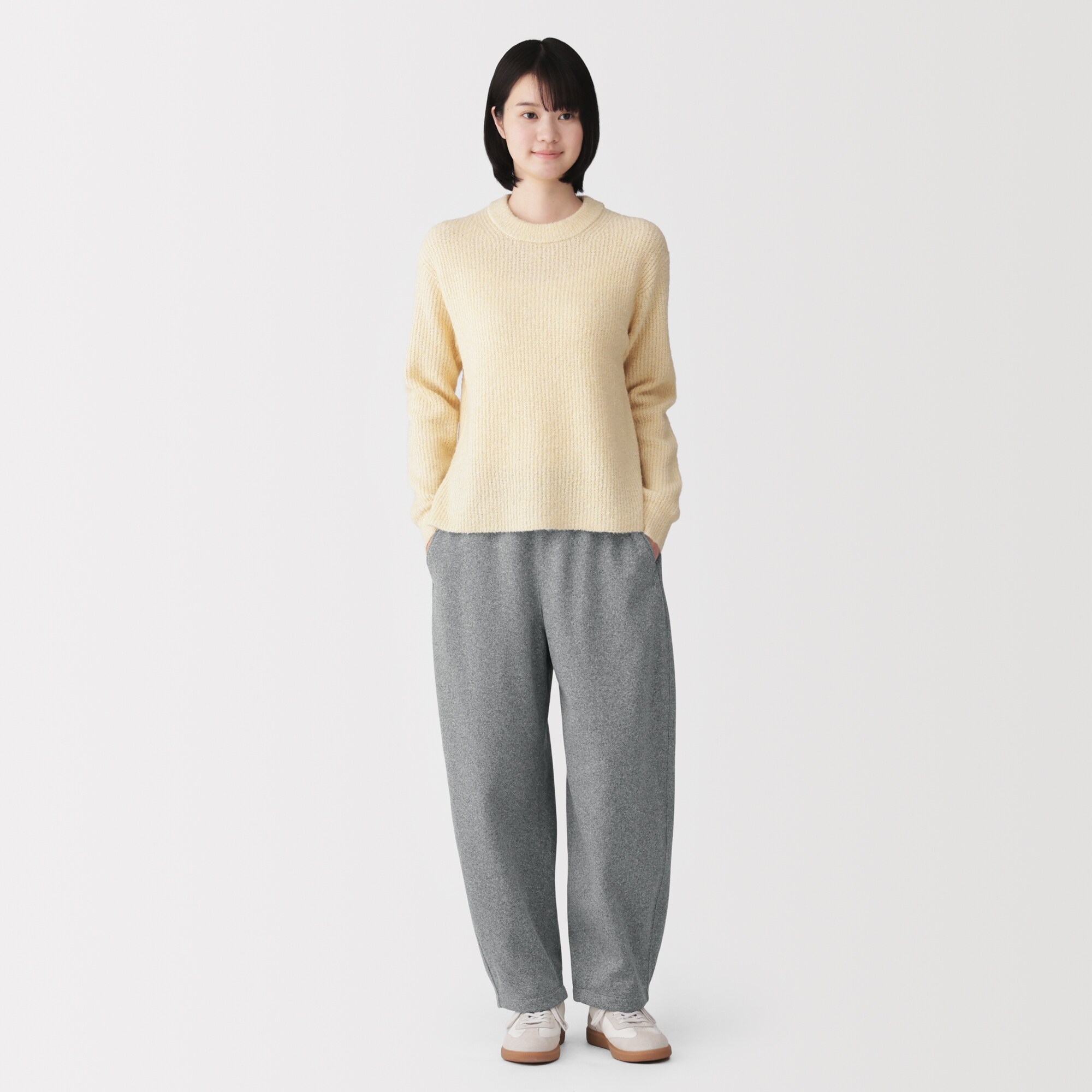 婦人　ニットフリースワイドテーパードパンツ