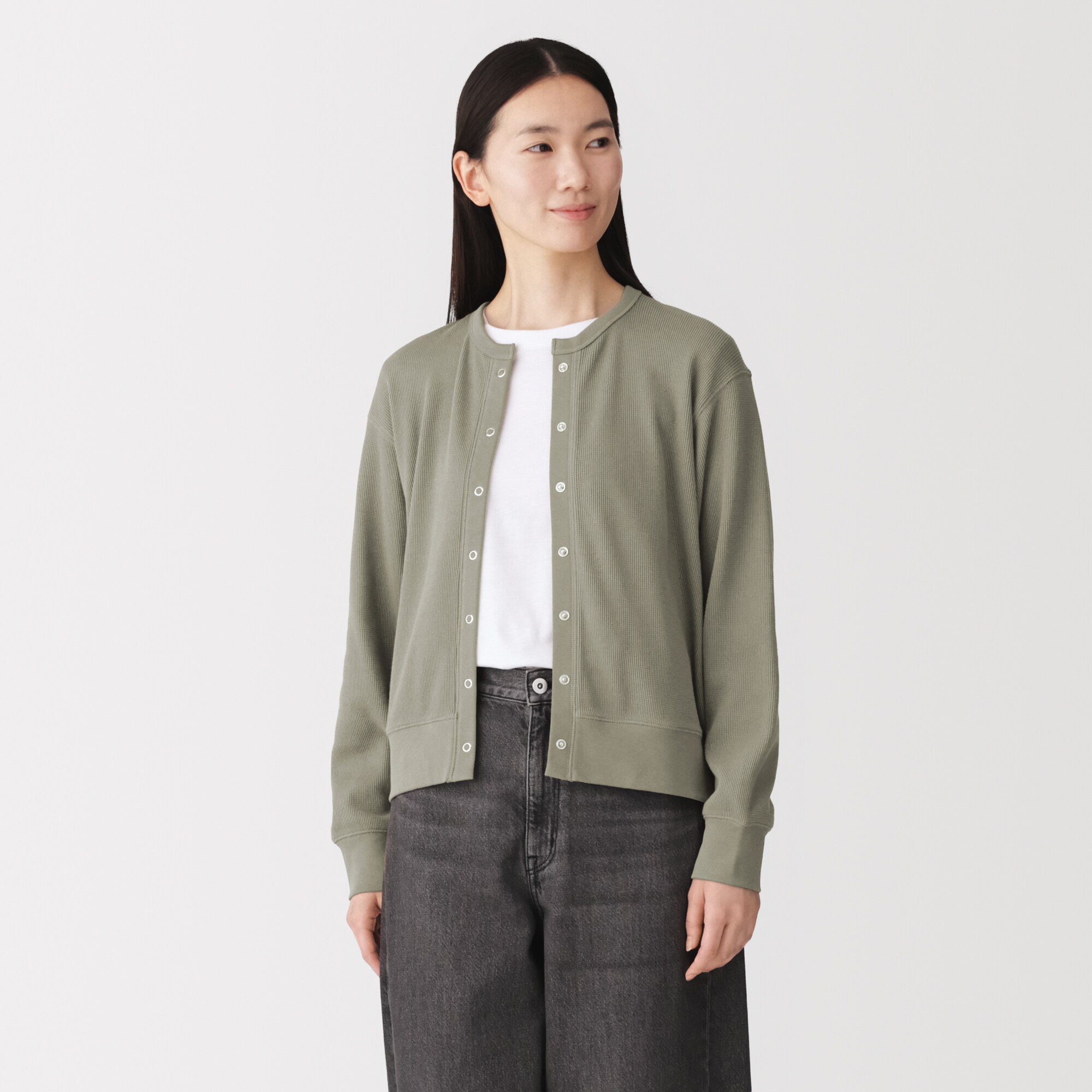 婦人　ワッフル編みクルーネックカーディガン