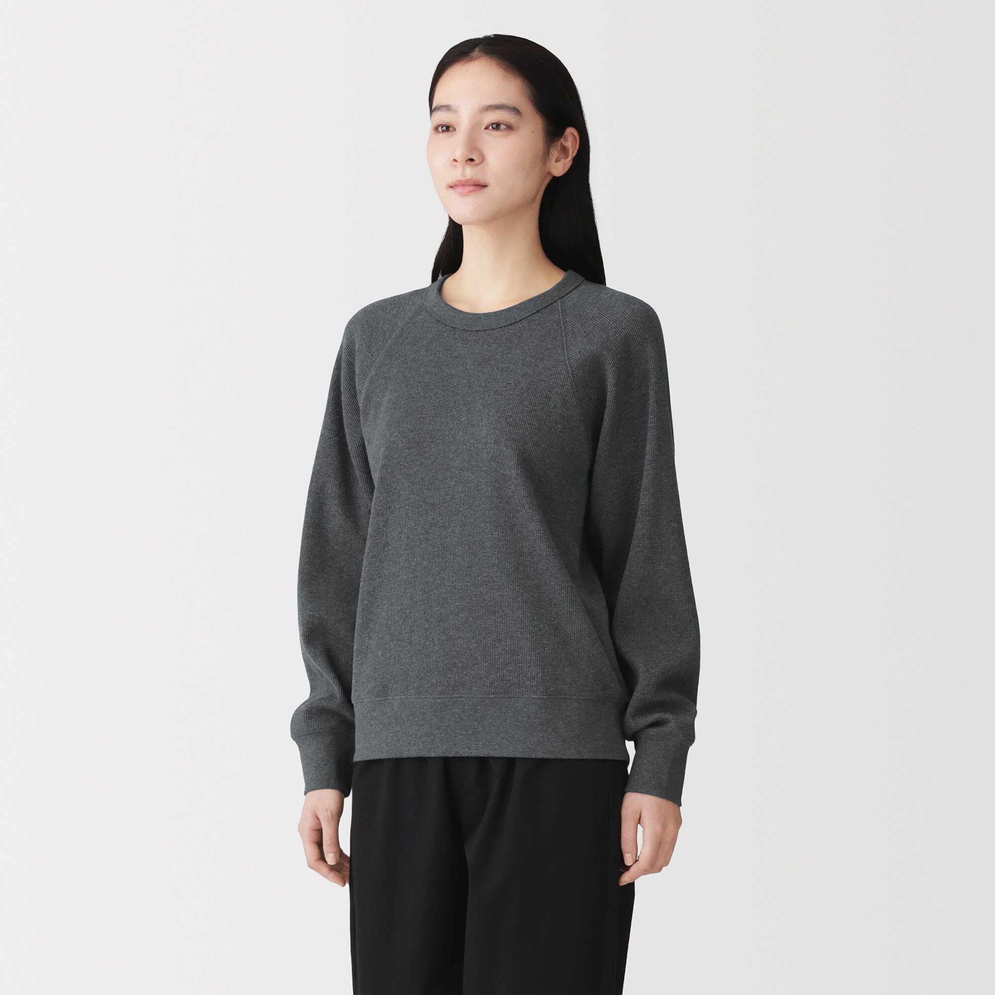 婦人　ワッフル編みクルーネック長袖Ｔシャツ