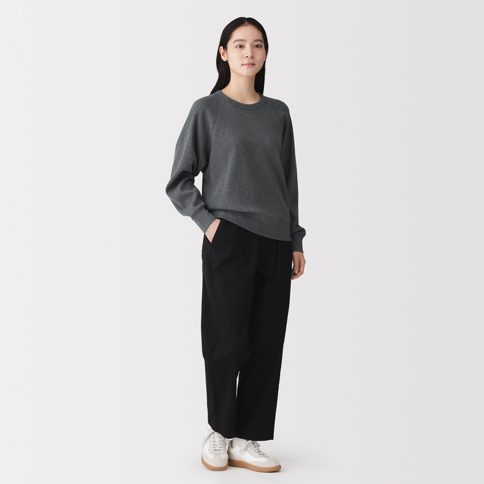 婦人　ワッフル編みクルーネック長袖Ｔシャツ