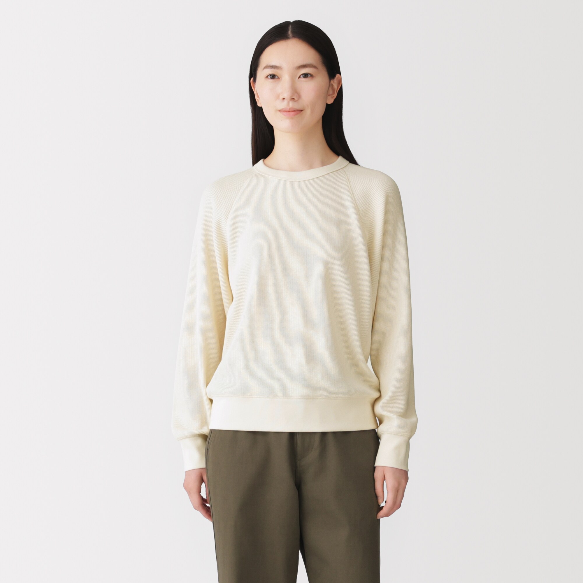 婦人　ワッフル編みクルーネック長袖Ｔシャツ