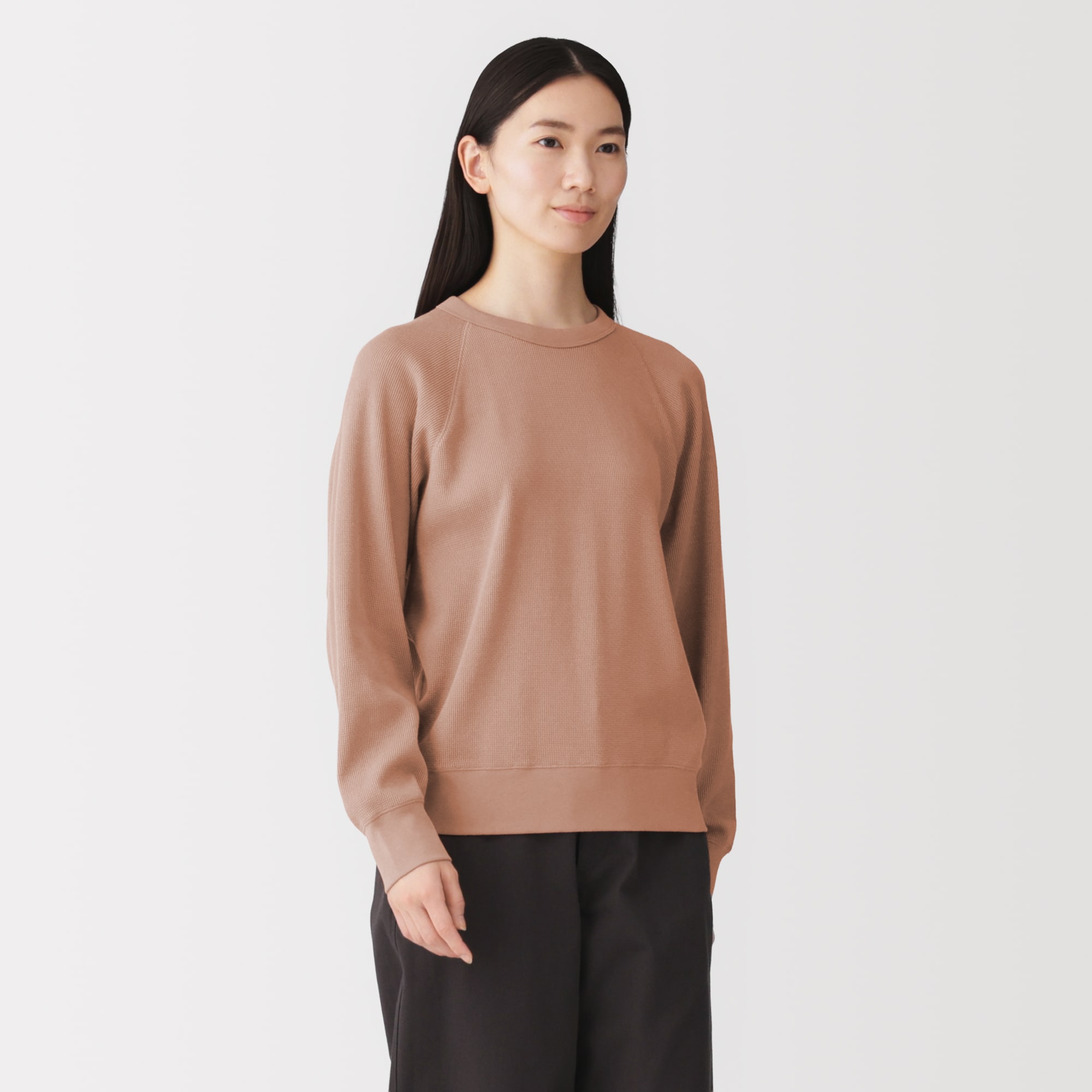 婦人　ワッフル編みクルーネック長袖Ｔシャツ