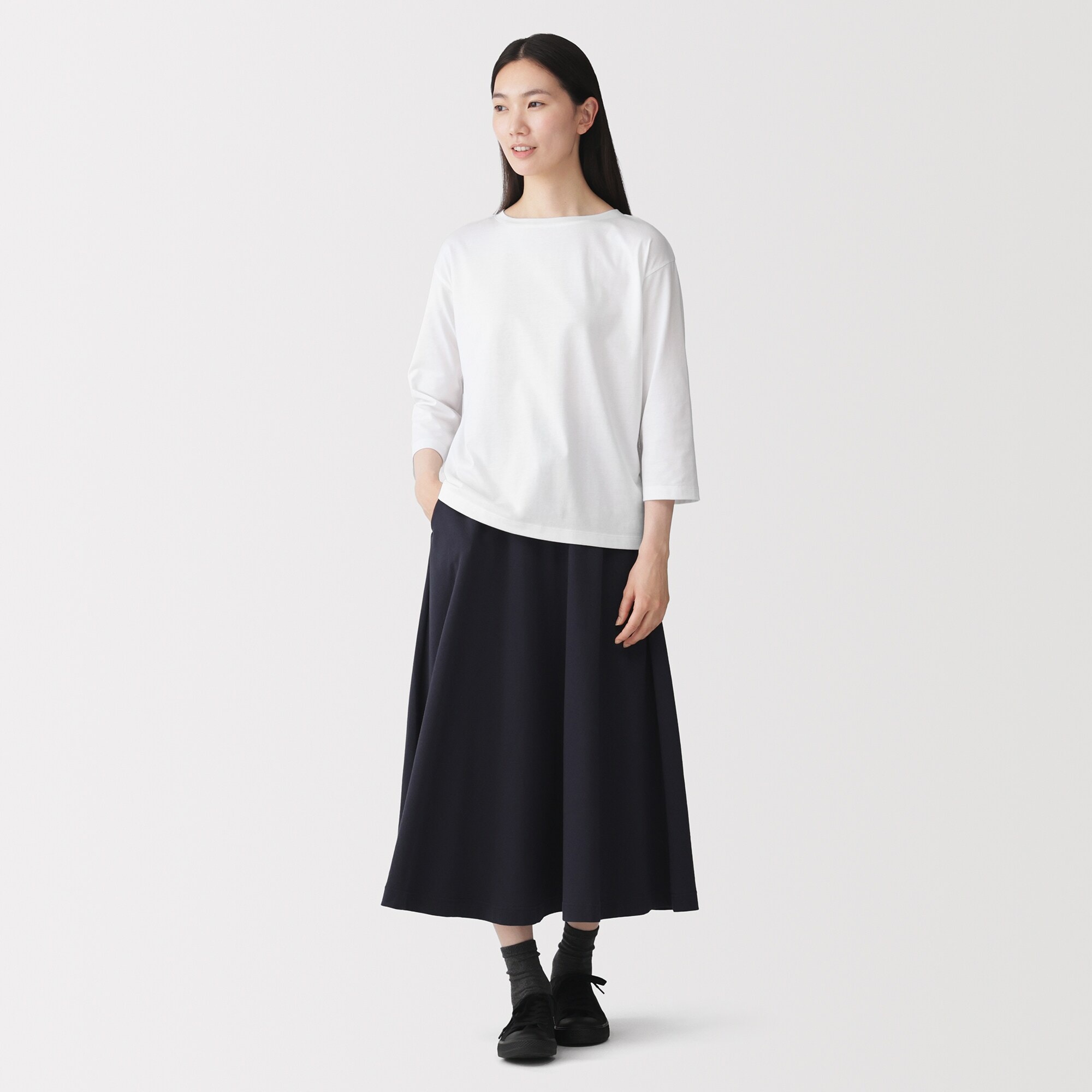 婦人　天竺編みボートネック七分袖Ｔシャツ