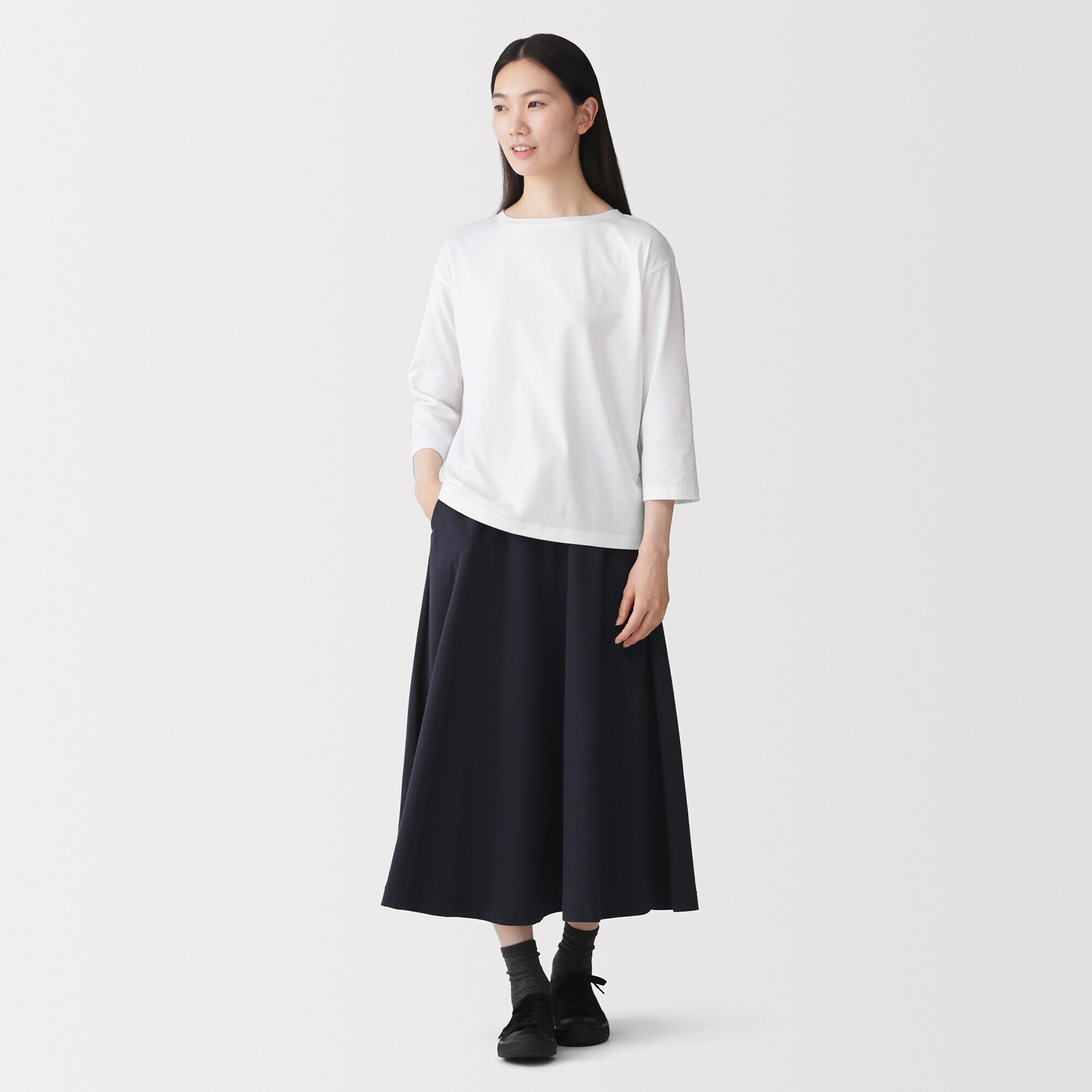 婦人　天竺編みボートネック七分袖Ｔシャツ
