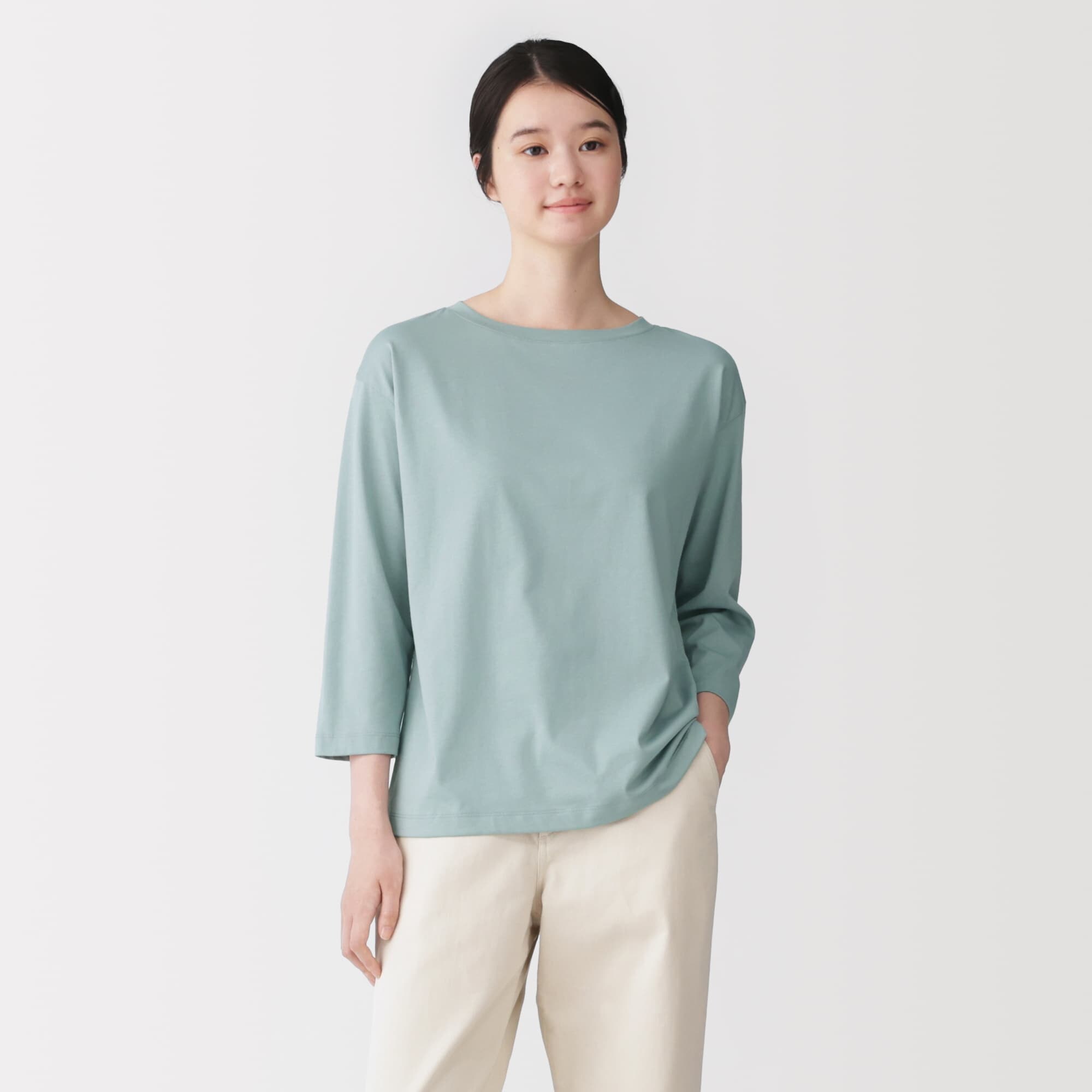 婦人　天竺編みボートネック七分袖Ｔシャツ