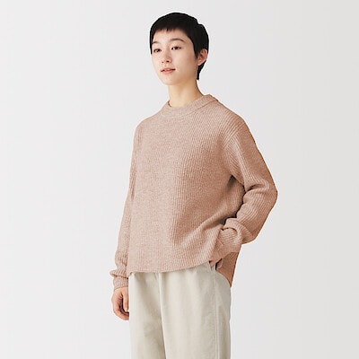 婦人　ウール混ブークレ畦編みクルーネックセーター