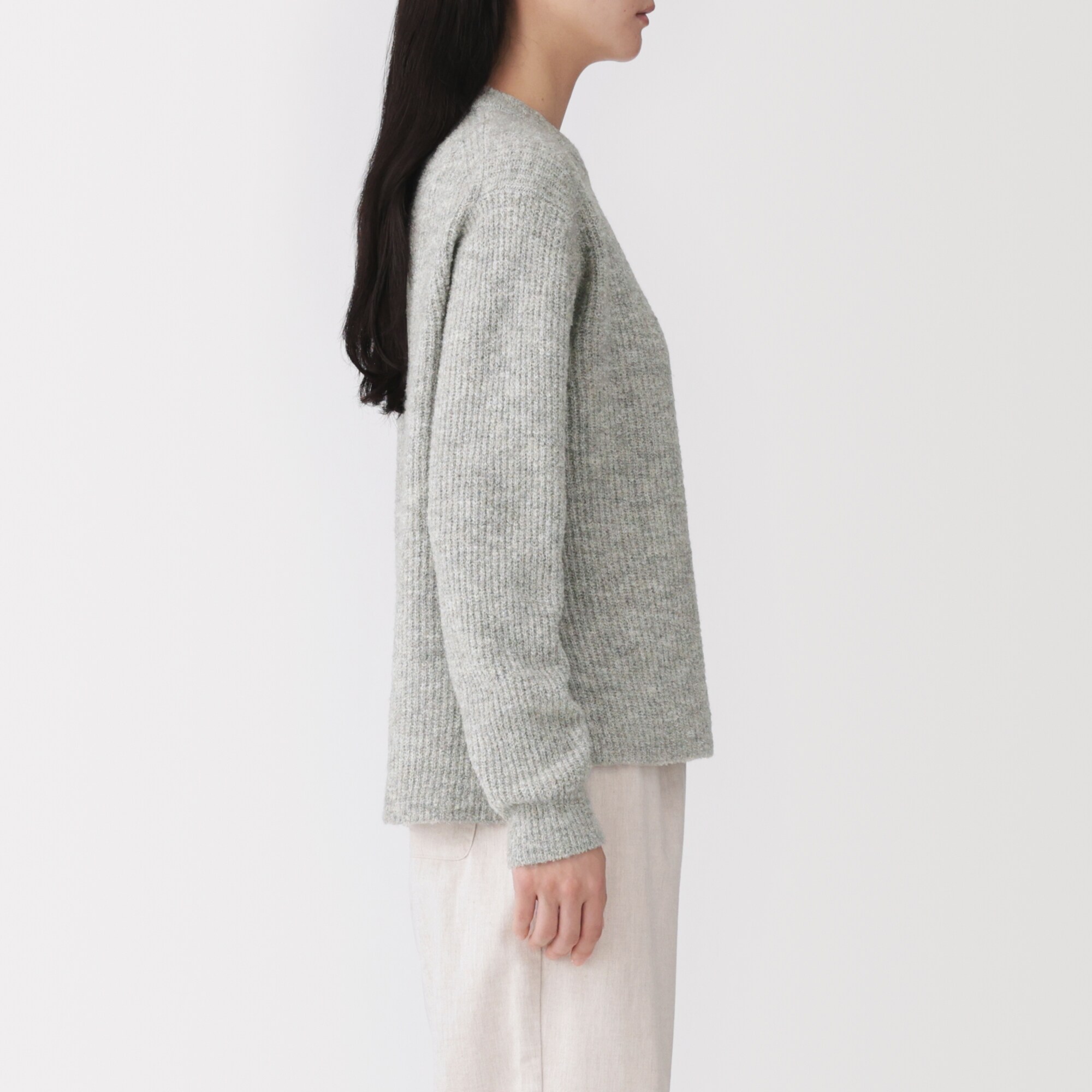 婦人　ウール混ブークレ畦編みクルーネックセーター